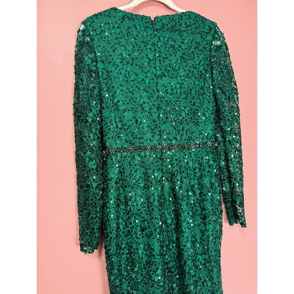 Mac Duggal Embellished Wrap Over Long Sleeve Gown Green Style 68016 Size 6 - Picture 9 of 9
